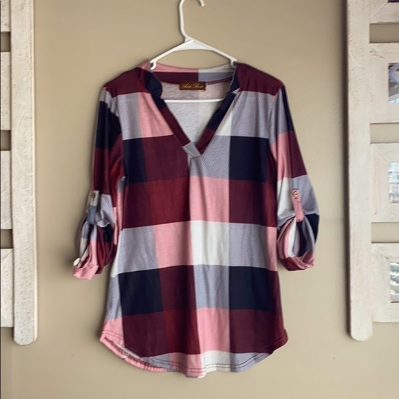 burgundy red plaid lightweight shirt - Picture 1 of 3